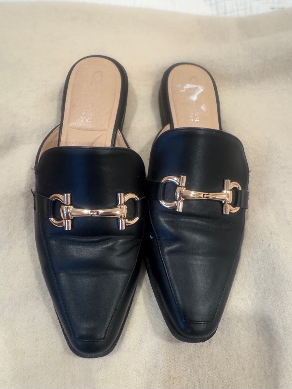 CL by Laundry Black Leather Slip-On Mules with Gold Bit Accent